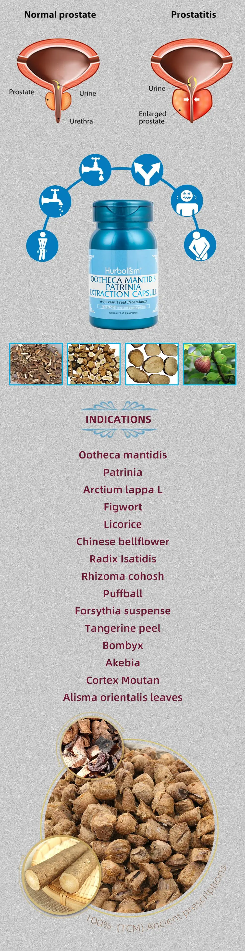 Hurbolism Ootheca Mantidis Patrinia экстракционная капсула, Adjuvant лечение простатокса, экстракт натуральных растений, без бокового эффекта, 50 шт