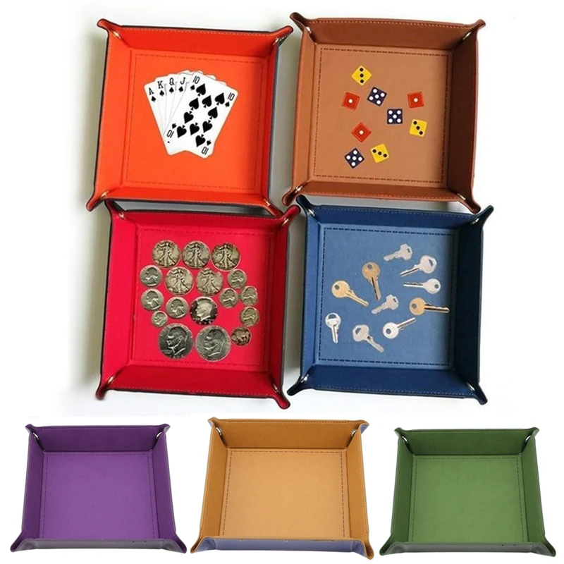 PU Leather Square Tray Foldable Storage Box for Dice Table Games Key Wallet Coin Box Tray Desktop Storage Box Trays Decor