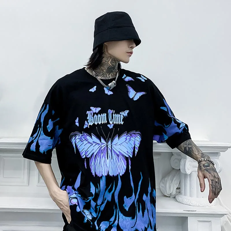 Plegie мужчин Письмо печати Футболка мужская Хип хоп Негабаритные Лоскутная Tshirts 2020