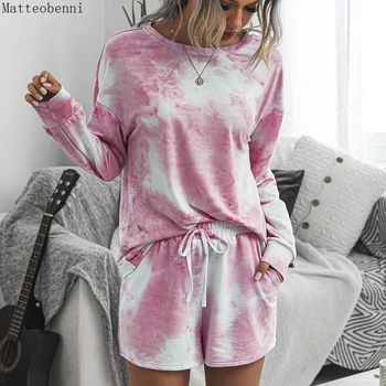 

Tie Dye Print T Shirt Shorts Two Piece Set 2020 Summer Women Casual Outfits lounge Wear tracksuits Long Sleeve Tops and Shorts