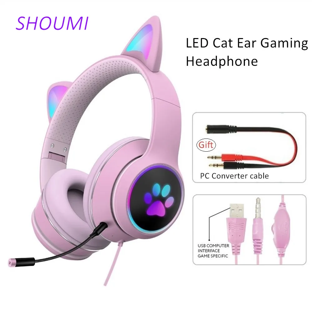 Cat Ear Gaming Headphone LED Light Girl Gamer Wired Headset Stereo Game Earphone PC Earbud with Mic for Tablet PS4 PS5 Fifa | Электроника