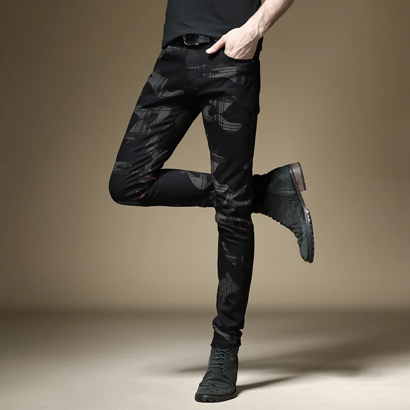 New European and American style men's male black jeans slim trend print pants hip-hop summer casual denim trousers 5
