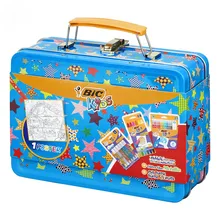 Подарочный набор для детского творчества BIC Kids Металлический бокс 30 предметов(цветные фломастеры, мелки и клей с блестками