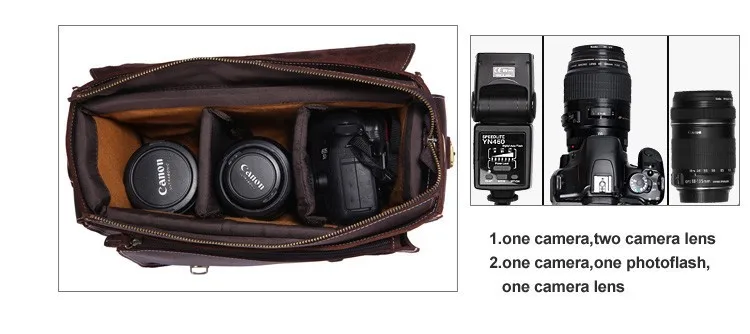 Men crazy horse genuine leather camera bag for Nikon for Canon multi pocket big capacity camera case Brown cowhide travel bag