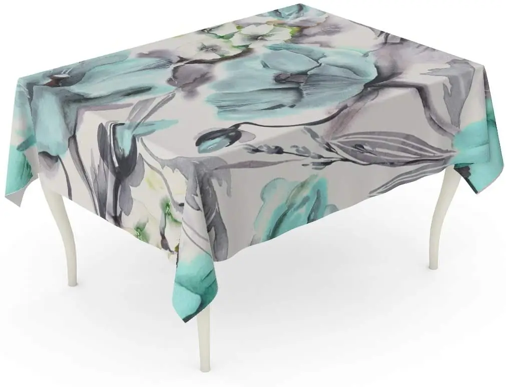 Teal Floral Poppies Watercolor Blue White Abstract Artistic Bouquet Color Table Cloth | Дом и сад