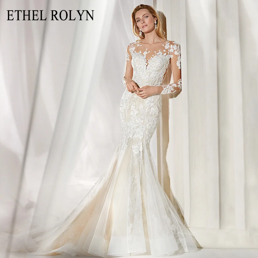 

ETHEL ROLYN Mermaid Wedding Dresses 2022 Illusion Long Sleeve Beaded Lace Appliques African Bride Wedding Gowns Vestido De Novia