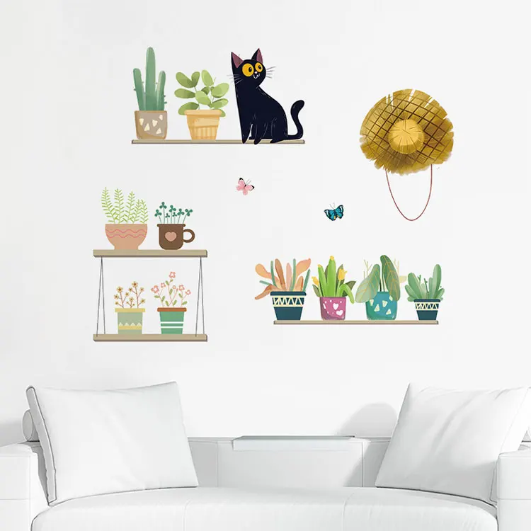 Cute Kitten flower pot wall stickers living room bedroom home wall decoration art mural stickers combination removable wallpaper