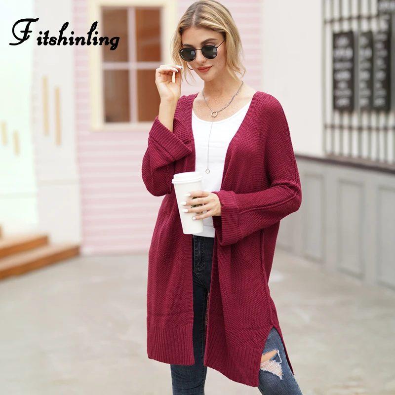 Fitshinling Boho длинный кардиган, зимнее пальто, Женский однотонный тонкий вязаный жакет с разрезом по бокам, женский корейский Кардиган, Свитер