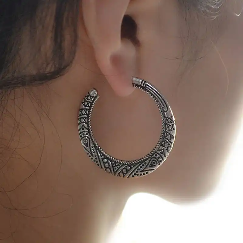 Винтажные резные цветочные круглые серьги-кольца для женщин девочек Античное золото серебро круг ухо Панк ювелирные изделия женские Bijoux