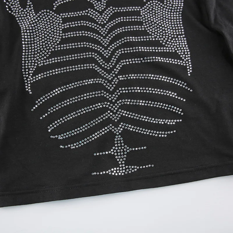 Rhinestone Skeleton Print T Shirts Gothic Clothing Grunge Cyber Y2k Clothes Sexy Black Long Sleeve O-neck Crop Top T-shirt Women