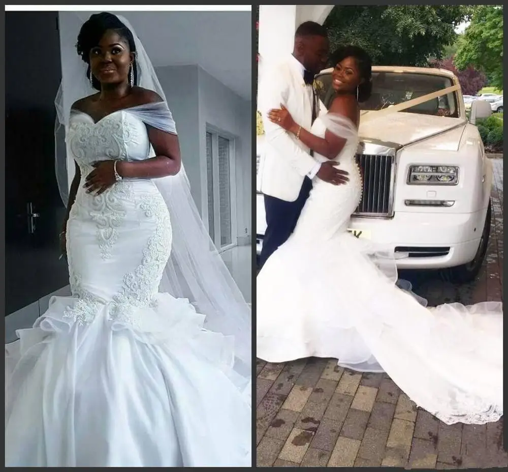 African Plus Size Mermaid Wedding Dresses lace Off Shoulder Appliques Ruffles Wedding gowns Buttons Bridal Gowns Long Train
