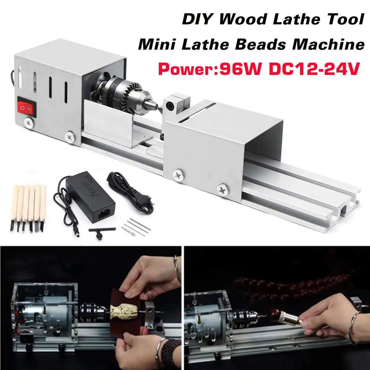 

96W Mini Lathe Beads Machine Woodwork DIY Lathe Standard Set with DC12-24V carving cutter