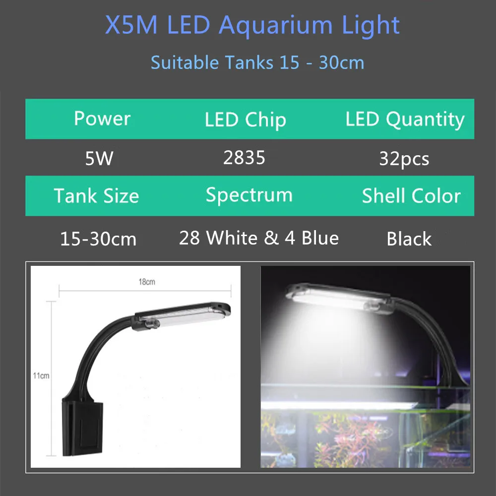 X5M-5W EU/US/AU/UK Plug Clip-on 10 Вт Светодиодный светильник для аквариума, светодиодный светильник для пресной воды, для аквариумов, рыбок, растений, светильник для выращивания - Цвет: X5M-5W