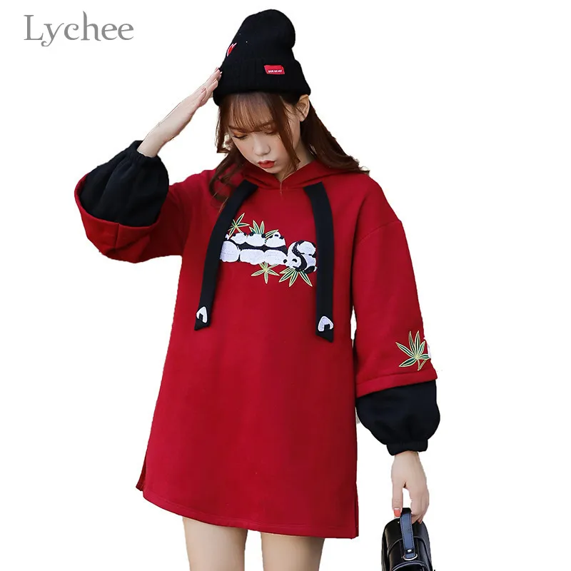 Lychee Harajuku Panda вышивка женские флисовые толстовки Лоскутная Женская Спортивная толстовка с капюшоном теплые зимние женские пуловеры