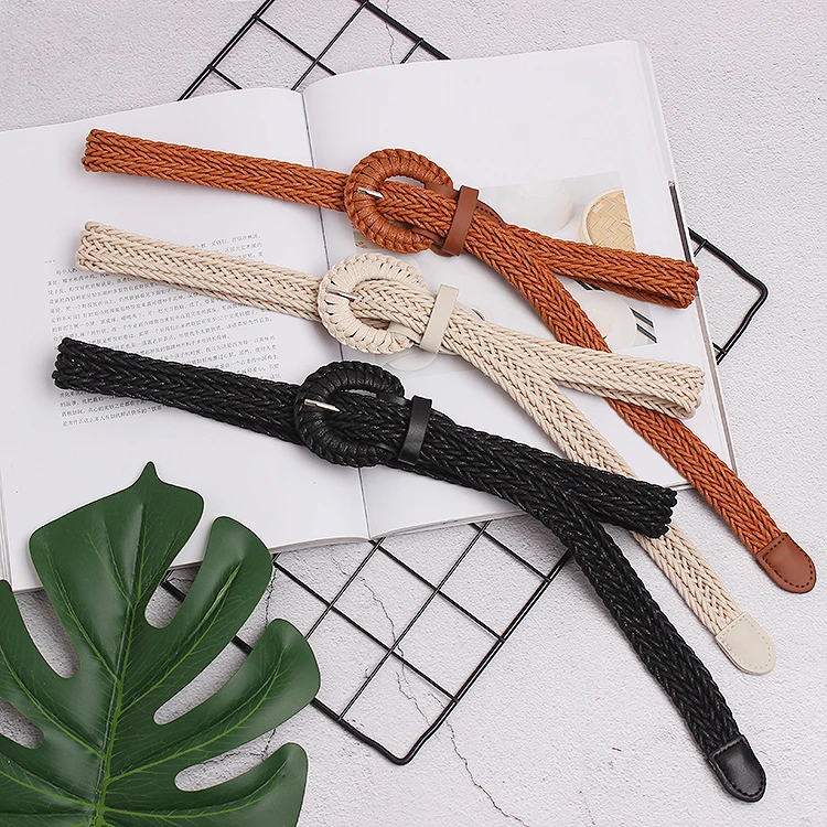

New Vintage Knitted Wax Rope Wooden Bead Waist Rope Women Smooth Buckle Belt Woman Woven Female Hand-Beaded Braided Belt BZ78