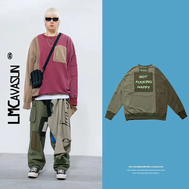 

LMCAVASUNMen Sweatshirt Funny Letter Print Pullover Advanced Patchwork Color Men Sweatshirt Casual High Street Streetwear Couple