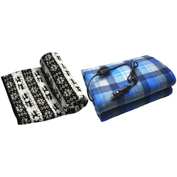 

2 Pcs 12V Car Heating Blanket Snowflake Elk Pattern Car Electric Blanket Energy Rug-Blue & White + Black