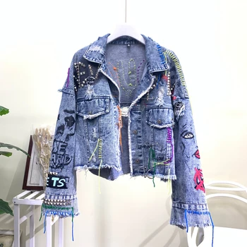

2020 Spring Autumn Graffiti Cowboy Short Jacket Coat Female Heavy Industry Rivet Colored Tasseled Jacket Girls Lady Street Coats