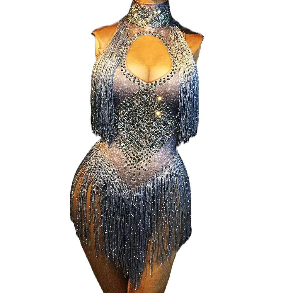 

Glitter Diamonds Sleeveless Women Bodysuits Pole Dancing Shining Fringe Jumpsuits Nightclub Singer Performance Stage Wear