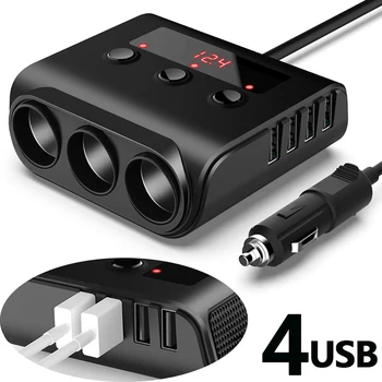 

12V DC Outlet 4-Port USB Charger Adapter with Separate Switch LED Voltage Display 3-Socket Car Cigarette Lighter Splitter Power