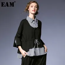 [EAM] Новинка, Осень-зима, рубашка с отворотом, длинный рукав, в полоску, хит, цвет, имитация двух стежков, большой размер, женская блузка, мода JO398