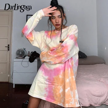 

Darlingaga Streetwear Tie Dye Oversized T shirt Women Fashion Loose Letter Print Tops Tees Casual Long Autumn T-shirts Clothing
