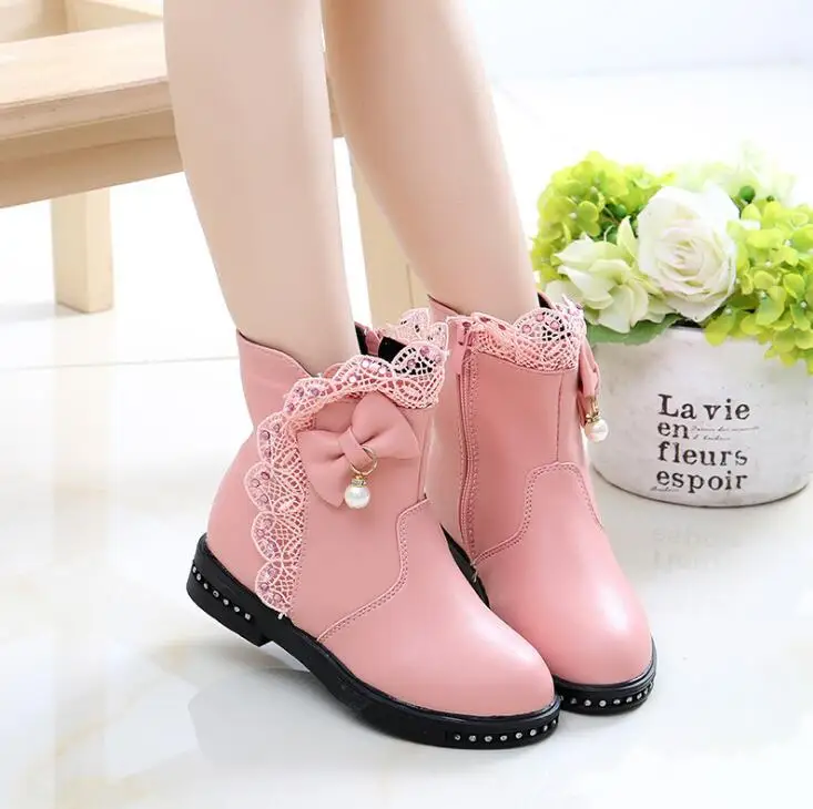 

Girls Ankle Boots 2019 Winter New Cotton Shoes Lace Bow Princess Boots Leather Warm Non-slip Soft Bottom Baby Toddler Kids Shoes