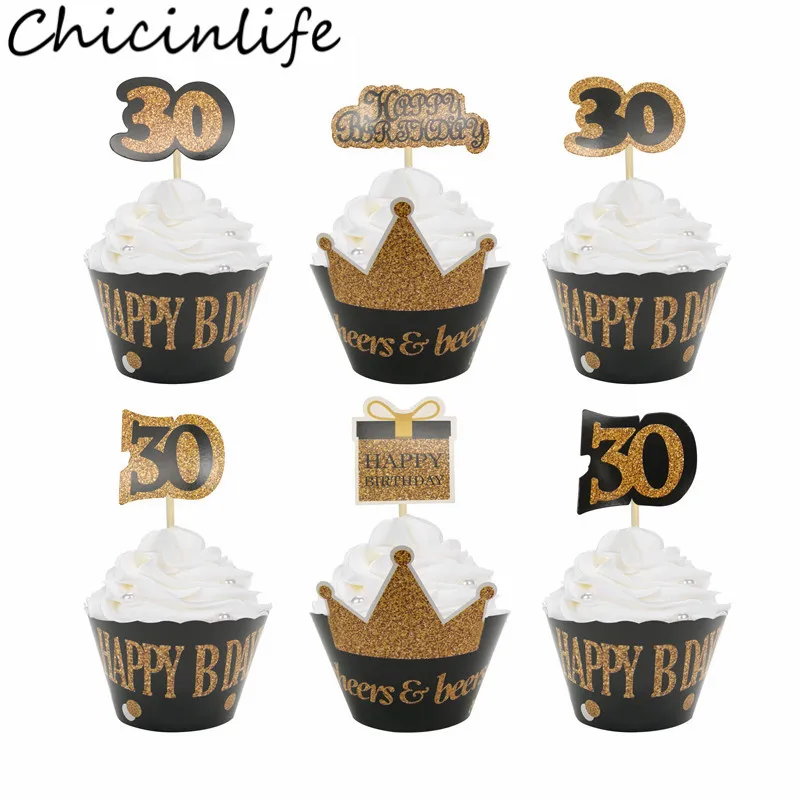 Chicinlife 12 шт. 30 40 50 60 лет обертки для капкейков с днем рождения | Товары для украшения тортов -4000277718187