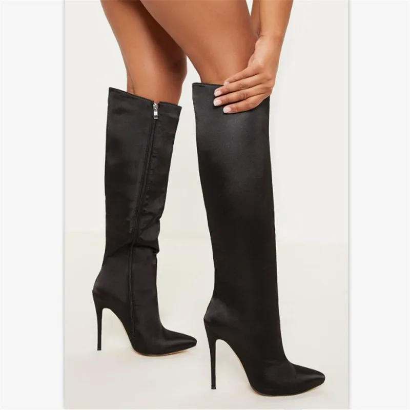 Весенне-осенние модные женские туфли на высоком каблуке-шпильке 12 см на молнии; туфли-лодочки; сапоги до колена; пикантные женские туфли на каблуке с острым носком - Цвет: Black