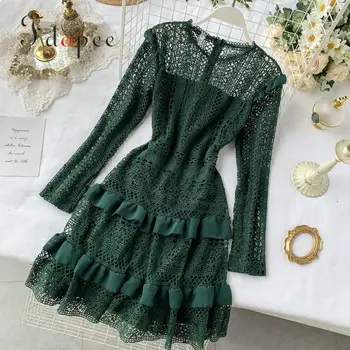 

2019 Elegant Dress French Retro Solid Color Vestidos Dress Long Sleeve Ruffle Temperament Hollow Out Collect Waist Party Dress