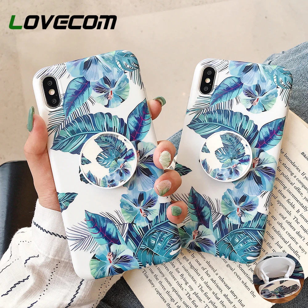 

LOVECOM Blue Banana Leaf Stand Holder Phone Case For iPhone 11 Pro Max XR X XS Max 7 8 6S Plus Soft IMD Fitted Phone Back Cover