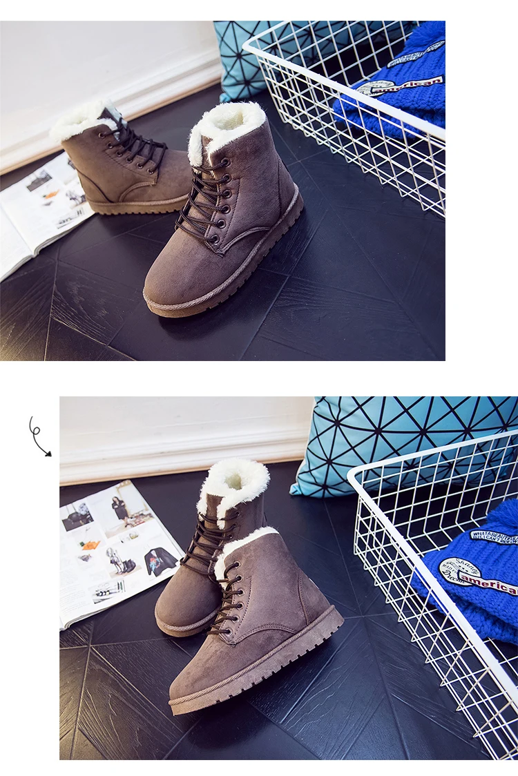 ERNESTNM Snow Boots Casual Ankle Booties Ladies Cotton Winter Female Warm Plush Fur Women Shoes Lace Up Flock Red Botas