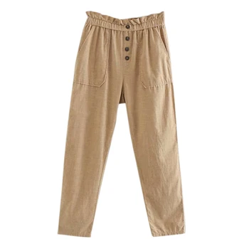 

Loose Corduroy Pant Elasticity Ruffled Waist Front Buttons Closure Side Welted Pockets Pants FFZKZ69