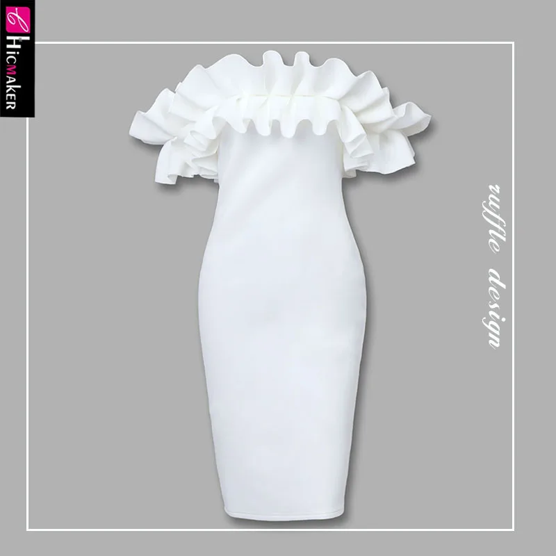 С открытыми плечами с рюшами дизайн облегающее платье Для женщин шикарные элегантные однотонные белые ночное Клубное вечерние Slim Fit Vestido
