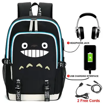 

Cat Smile Totoro My Neighbor Cartoon Backpack w/ USB Port Headphone Rucksack Bag Teenager Student School Laptop Bag Gift