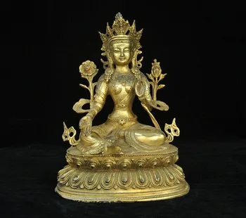 

wedding decoration Old Tibet Bronze 24k gold Gilt green Tata Kwan-yin Guanyin goddess Buddha statue