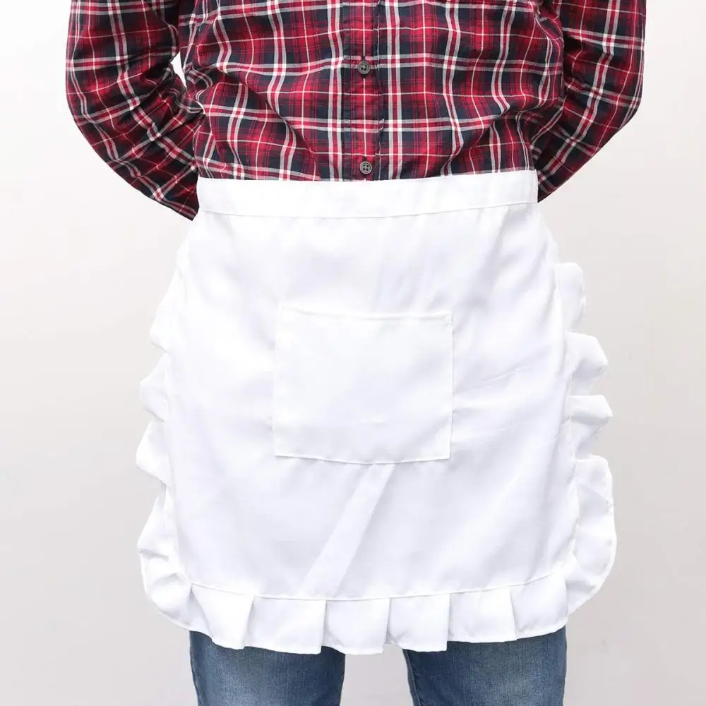 Cute Floral Short Waist Kitchen Apron Lace Half Waist Bib Maid Costume with Pocket Kitchen Party Favors for Women Waitress (Whit