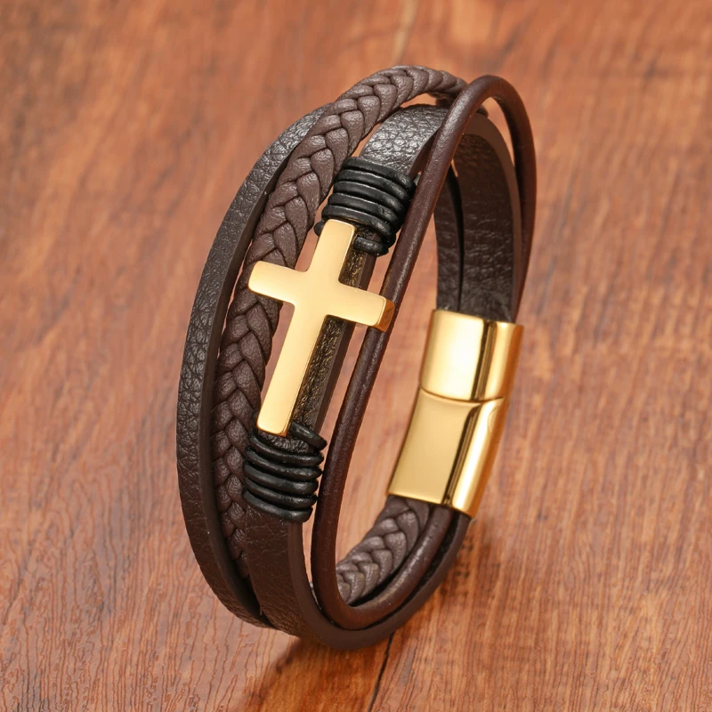 Fashion Multi Layer Stainless Steel Clasp Coffee Cross Leather Bracelet for Men Women Classic Christian Prayer Christmas Gift - Image 2