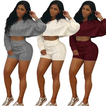 

Women Autumn Winter Knitted Sweater Two Piece Set O Neck Long Batwing Sleeve Crop Top Shorts Sexy Night Club Outfits Tracksuit
