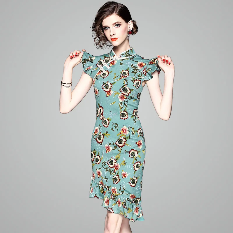 

Skirt Summer Women's 2019 New Style Elegant Ladies' Daily Life Improved Edition Cheongsam Flounced Slim Dress 80751
