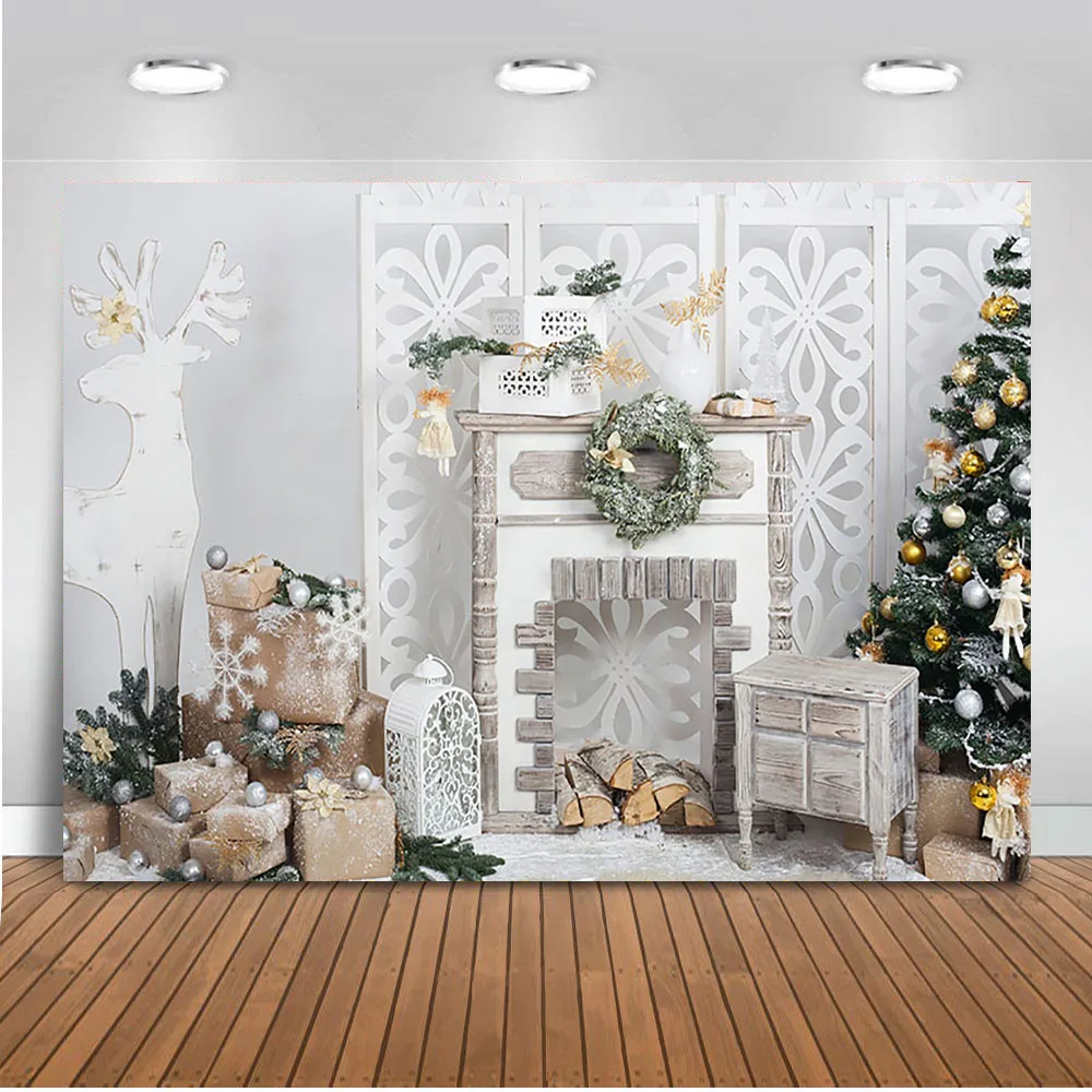

Christmas Decoration of Home Interior Christmas Tree Fireplace Wall Decoration Photography Background Studio Photo Backdrop