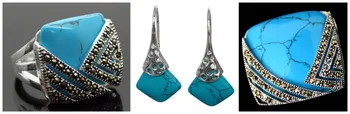 

Vintage Blue jade 925 Sterling Silver Marcasite Ring (#7-10) pendant and earrings sets 02