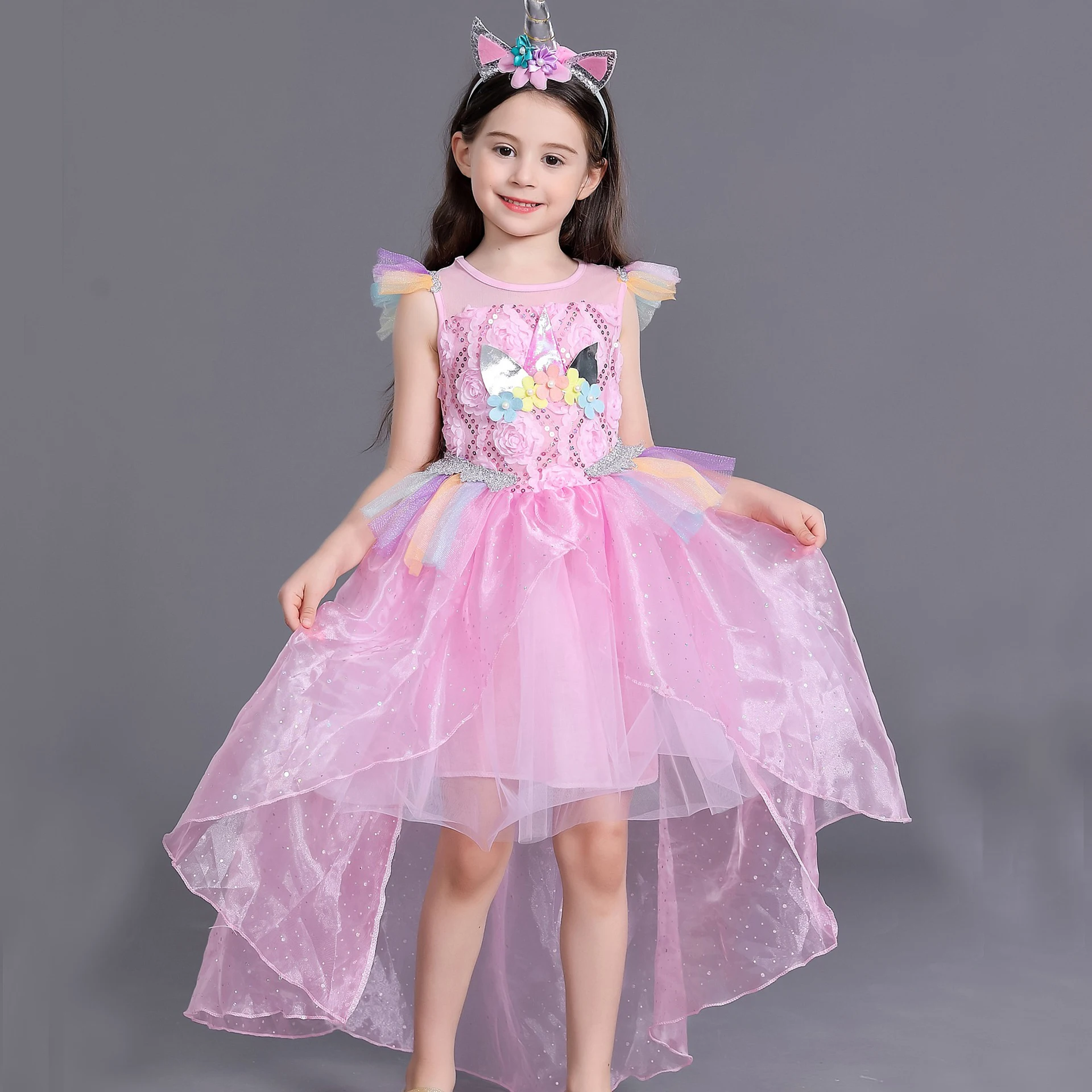 Подростковые платья для девочек Единорог Костюм принцессы праздничная одежда Vestido радужного цвета для маленьких одежда для детей возрастом 2, 5, 7, 9 лет Детская праздничная одежда; платье со шлейфом