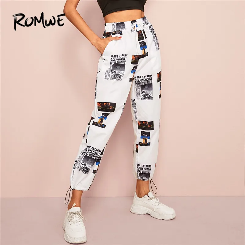 

Romwe Sport Letter Print Drawstring Sweatpant Women Spring Autumn Workout Training Pants Mid Waist Fitness Pocket Jogging Pants