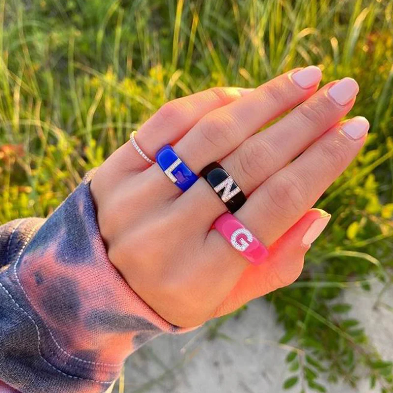 Ring-Wome Cz-Rings Cz-Letter Initia Gold-Color Ename Blue Delicate New Jewelry 26 Alphabet