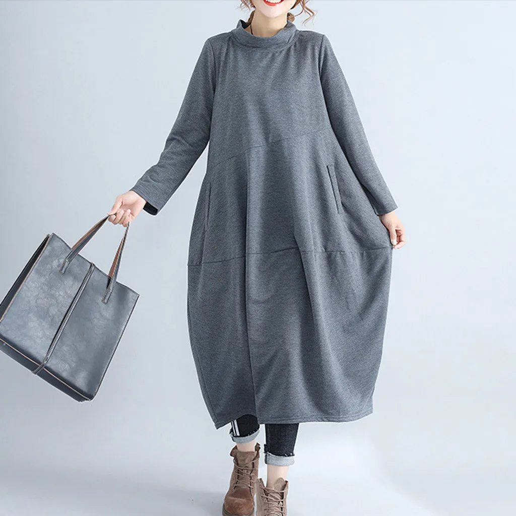 nuevos trajes модное женское длинное платье с длинным рукавом, водолазка, однотонное Плиссированное льняное свободное платье espalda cruzada para mujer