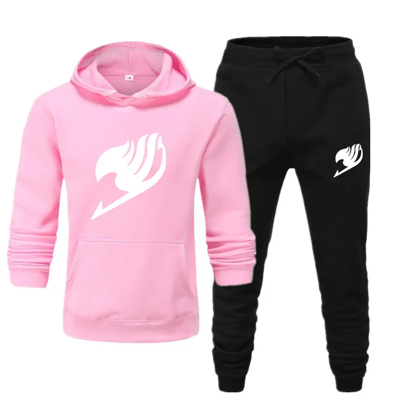 pink black 1 Новинка, мужские комплекты, толстовки+ штаны, толстовка с капюшоном с хвостом феи, Мужской Женский пуловер с капюшоном, зимняя теплая Мужская/женская повседневная одежда - Цвет: pink black 1