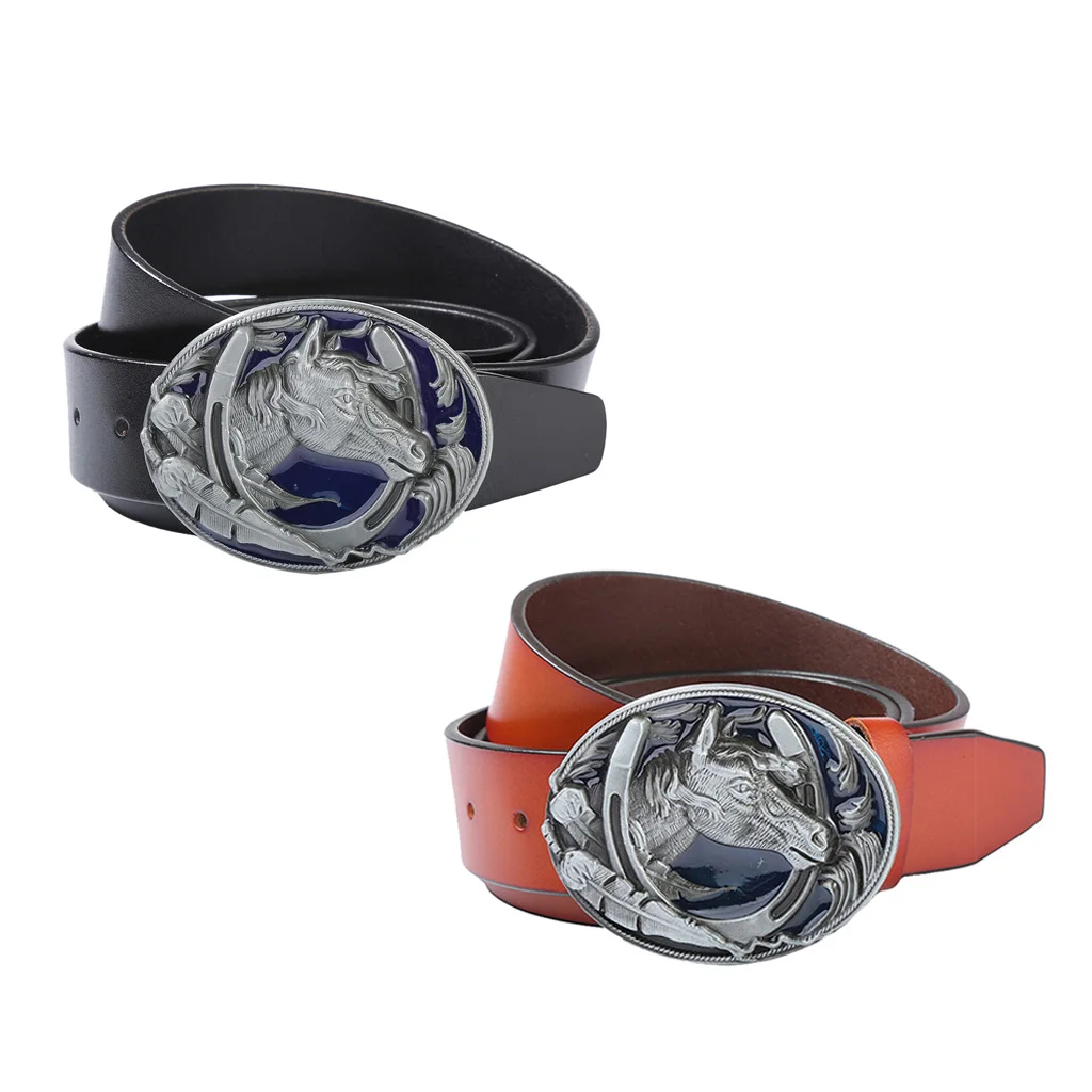 Men Western Leather Belt Rodeo Gothic Horse Head Belt Buckle Jeans Accessory