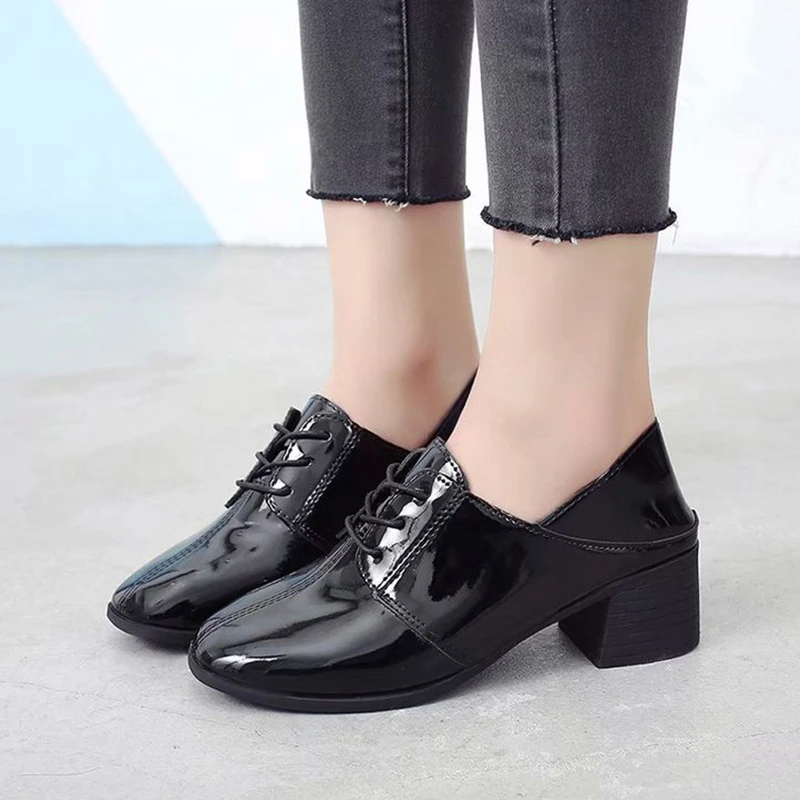 Zapatos de mujer charol tacones medios punta cuadrada zapatos de mujer con cordones costura clásica cómoda zapatos de mujer bonito otoño|Zapatos de tacón de mujer| - AliExpress