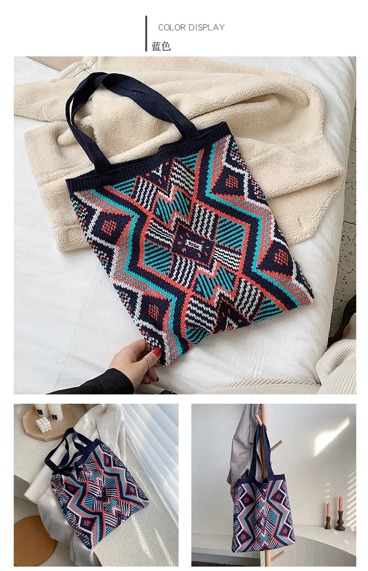 Lady Knitting Gypsy Bohemian Boho Chic Aztec Tote Bag Women Crochet Woolen Open Shopper Top-handle Bag 2022 Female Daily Handbag